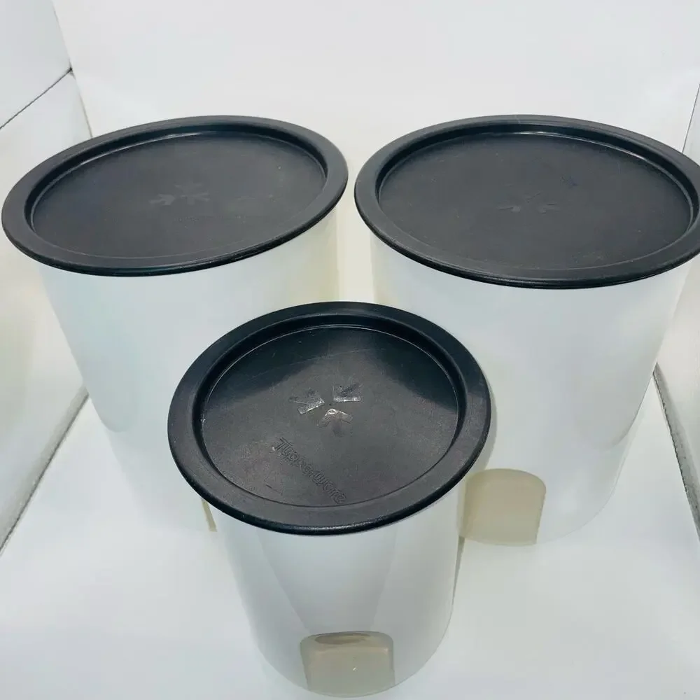 Tupperware One Touch Reminder Canister Set 3 White Black Seals USA 2418B 2422B
